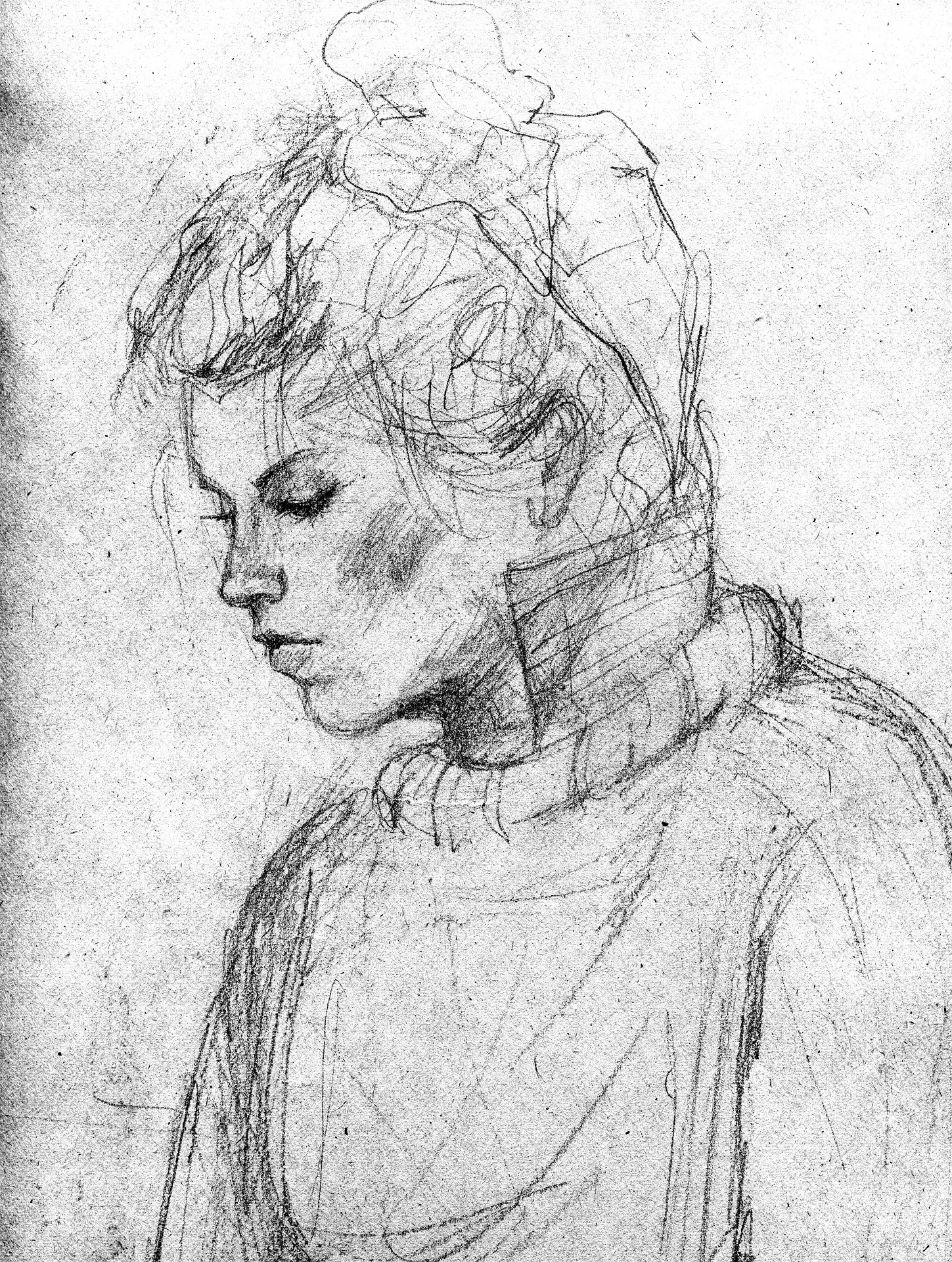 Croquis drawing by pencil showing a woman's portrait.